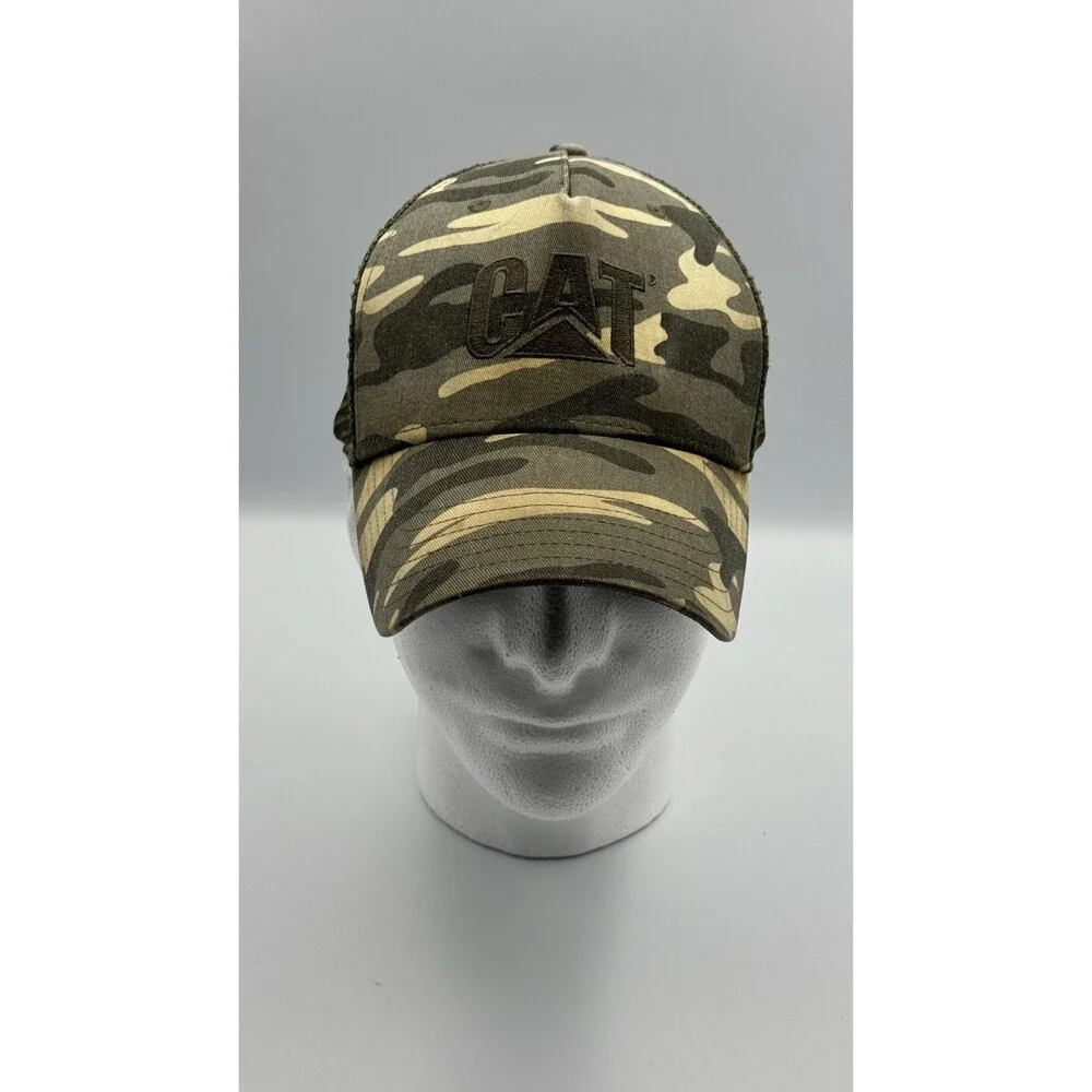 CAT Caterpillar Mens Green Camo Mesh Back Trucker Hat Snapback Adjustable Cap